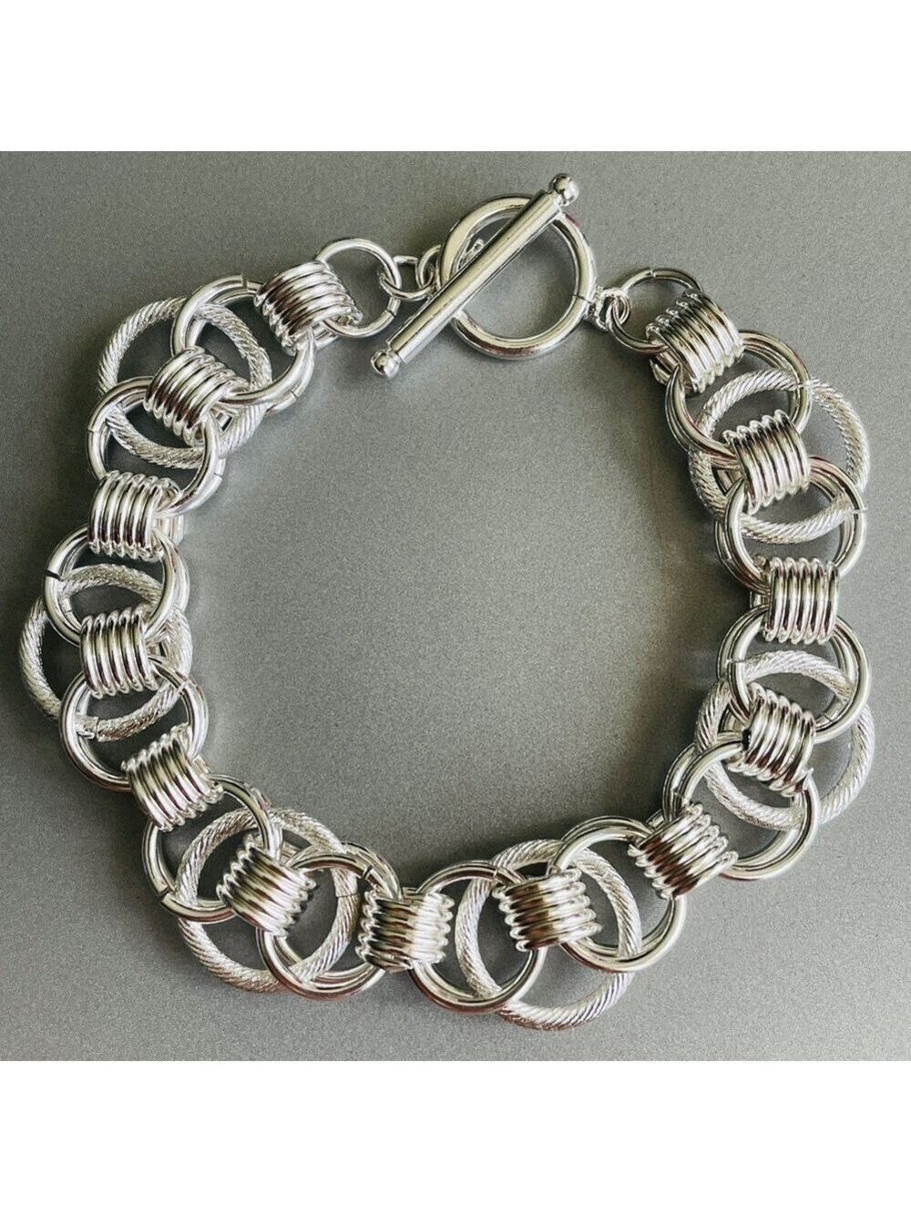 Sterling Silver Complex Circle Links Toggle Clasp Bracelet LIKE NEW